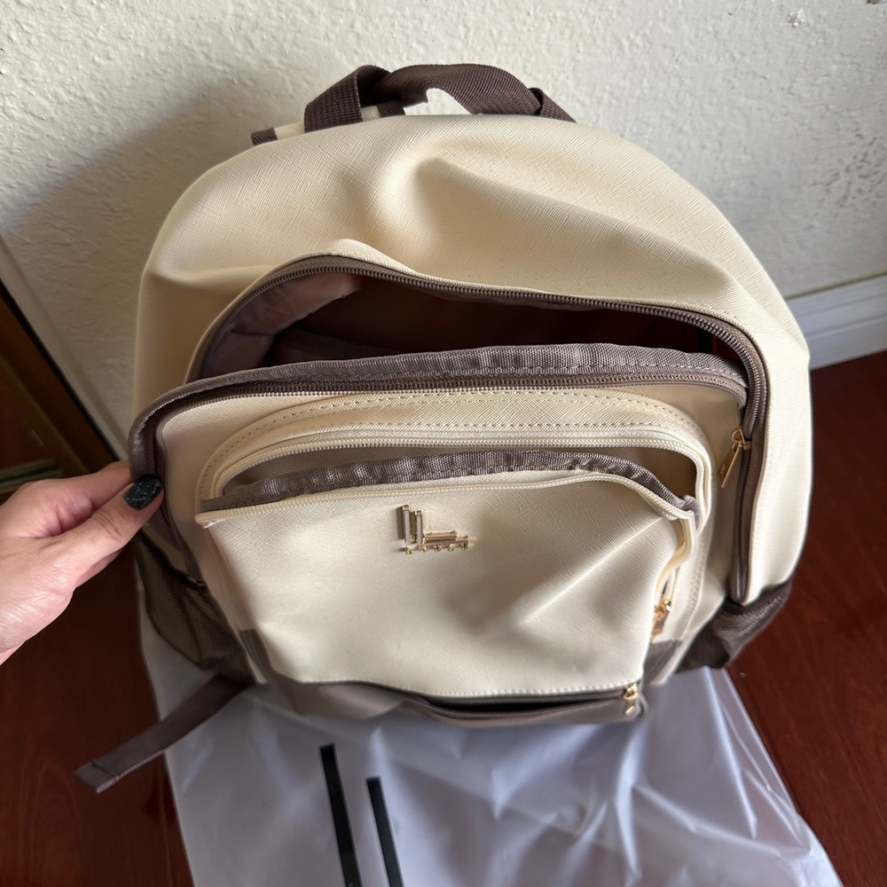 🆕 Loulu Backpack Cream Colored Brown Accents Laptop Sleeve Multiple Pockets - Picture 4 of 7